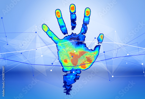 The concept of digital identification & recognition technologies - color thermal hand print, green technology background, digital wave, points, lines, triangles & low poly mesh elements / vector draw