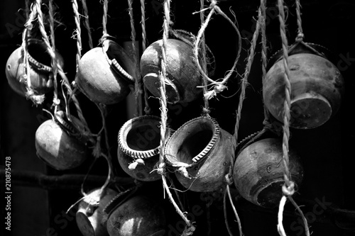 Ancient pots. Trastevere area, Rome, Italy. Black and white. photo