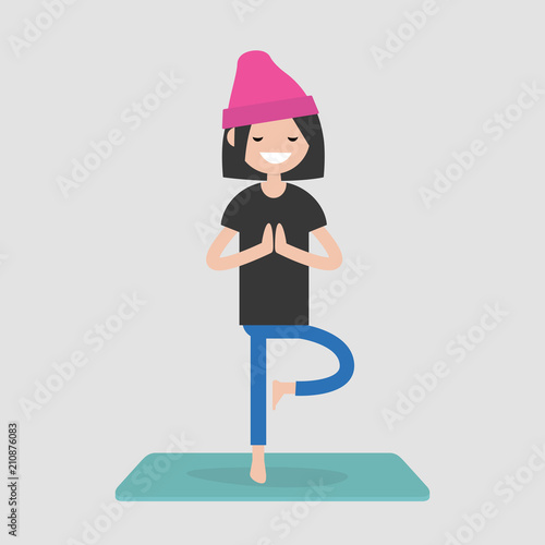 Young character practicing yoga. Relaxation. Meditation. Mental health. Lifestyle. Flat editable vector illustration, clip art