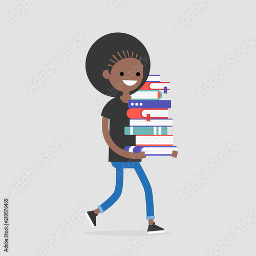 Education. Exam preparation. Smiling student holding a pile of books. Flat editable vector illustration, clip art