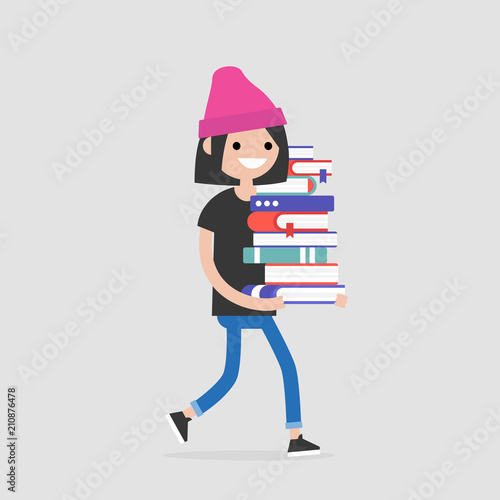 Education. Exam preparation. Smiling student holding a pile of books. Flat editable vector illustration, clip art