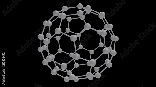 Buckminsterfullerene C60 carbon molecule, white with alpha channel, looping 3D photo