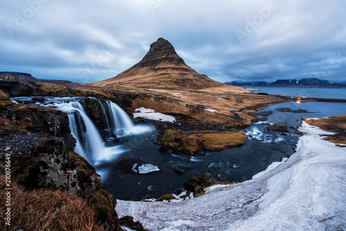 Spectacular sky above the scenery and waterfalls, Kirkjufell Mountain, Iceland.