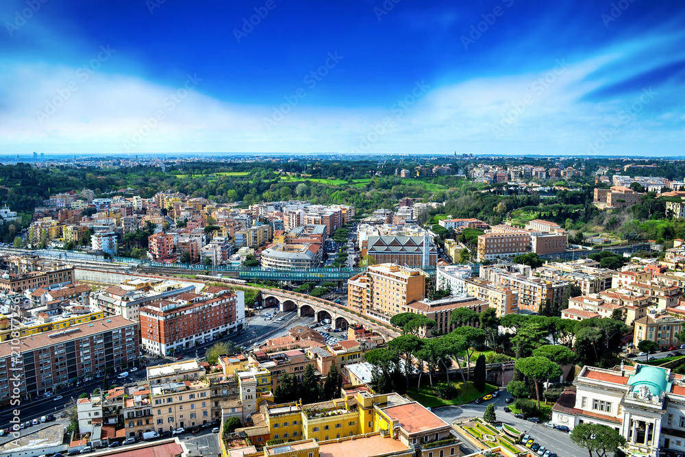 Rome, Italy with Vatican city. Famous Saint Peter's Square in Vatican and aerial view of the city with building and ancient cityscape.