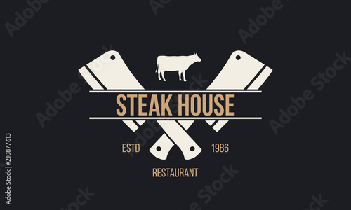 Steak House - vintage logo concept. Steak House logo with cow and cleaver knives. Restaurant emblem. Template.  Vector illustration.