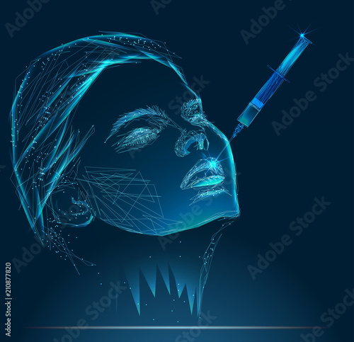 Young woman gets injection of botox in her lips. Banner. Abstract image of a starry sky or space, consisting of points, lines,  in the form of stars and the universe. Low poly vector
