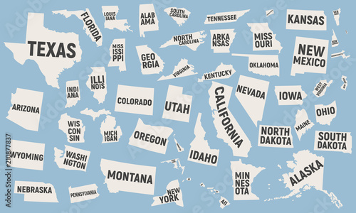 United States of America icons. Set of 50 map state icons with names isolated on blue background. USA. Vector illustration.