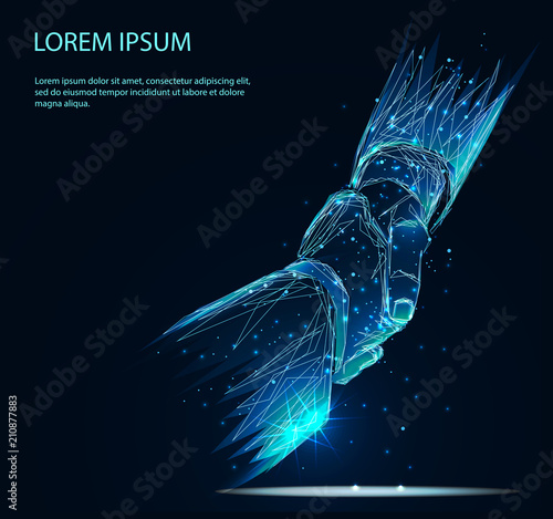 Business handshake. Banner. Abstract image of a starry sky or space, consisting of points, lines, and shapes in the form of planets, stars and the universe. Low poly vector