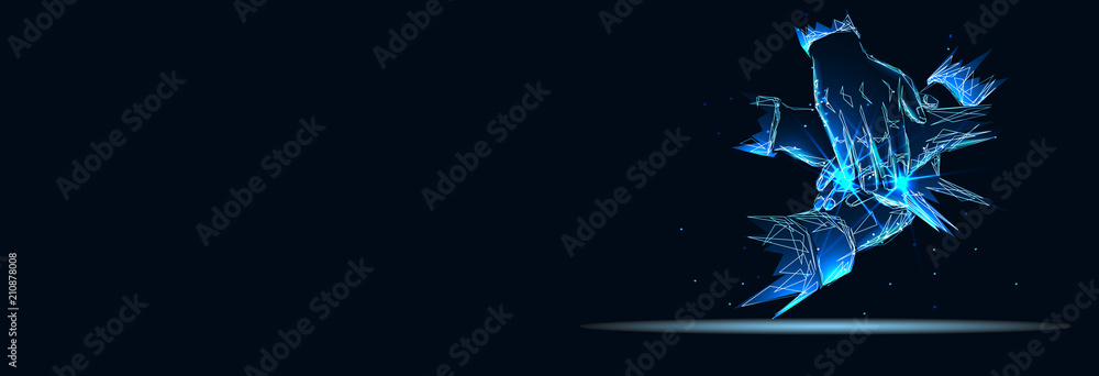 Close up top view of business people putting their hands together. Banner. Abstract image of a starry sky or space, consisting of points, lines, n the form of stars and the universe. Low poly vector - obrazy, fototapety, plakaty 