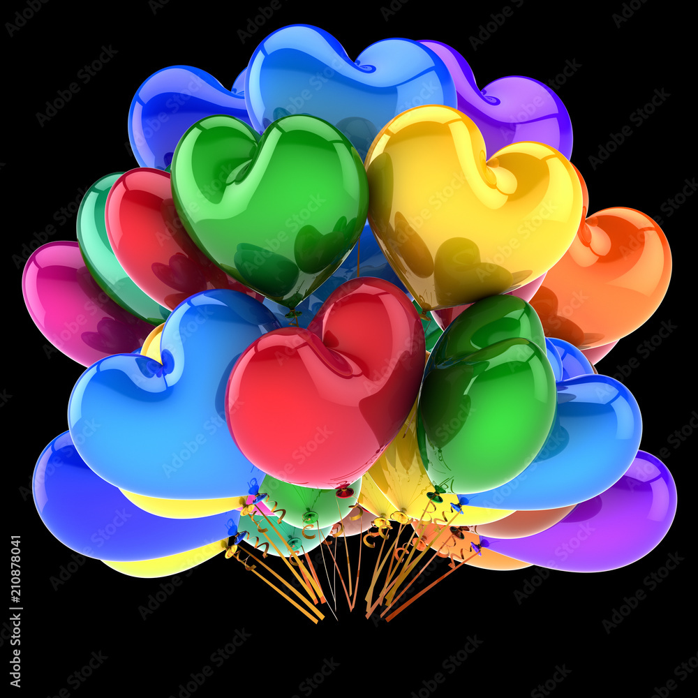 balloons heart shaped colorful, love party helium balloon bunch multicolor.  birthday, wedding, marriage decoration romantic. holiday celebration  symbol. 3d illustration, isolated on black Illustration Stock | Adobe Stock