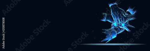 Close up top view of business people putting their hands together. Banner. Abstract image of a starry sky or space, consisting of points, lines, n the form of stars and the universe. Low poly vector