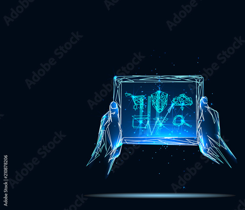 Financial technology fintech concept businessman using digital tablet. Banner. Abstract image of a starry sky or space, consisting of points,  in the form of  stars and the universe. Low poly vector