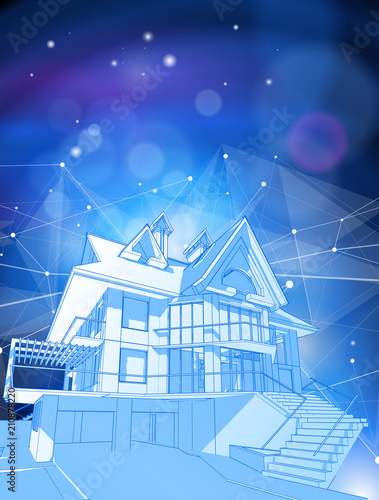 A modern house on a blue background surrounded by digital networks - an illustration of a smart eco-friendly home - the concept of modern information technology smart house or smart city / vector draw