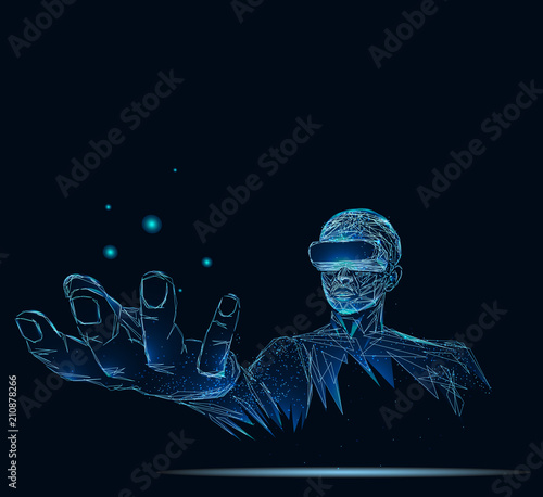 A person in virtual glasses. Banner. Abstract image of a starry sky or space, consisting of points, lines, and shapes in the form of planets, stars and the universe. Low poly vector