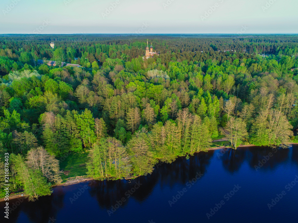 high view of the Gulf of Finland, forest and Islands at sunset