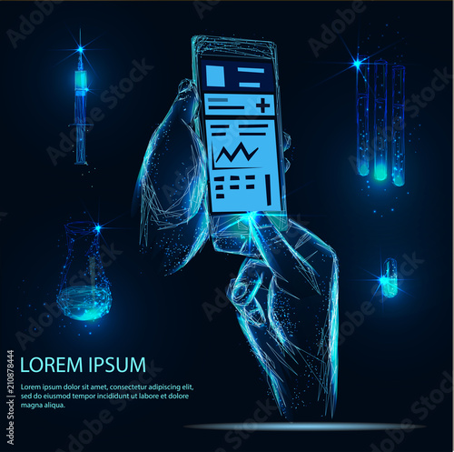 Mobile medicine, mhealth, online doctor. Banner. Abstract image of a starry sky or space, consisting of points, lines, and shapes in the form of planets, stars and the universe. Low poly vector