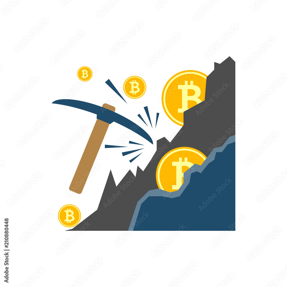 Mining Concept, Pickaxe, Bitcoin, Rock Flat Related Vector Icon. Isolated on White Background. Mining Concept, Pickaxe, Bitcoin, Rock Flat Related Vector Icon. Isolated on White Background.
