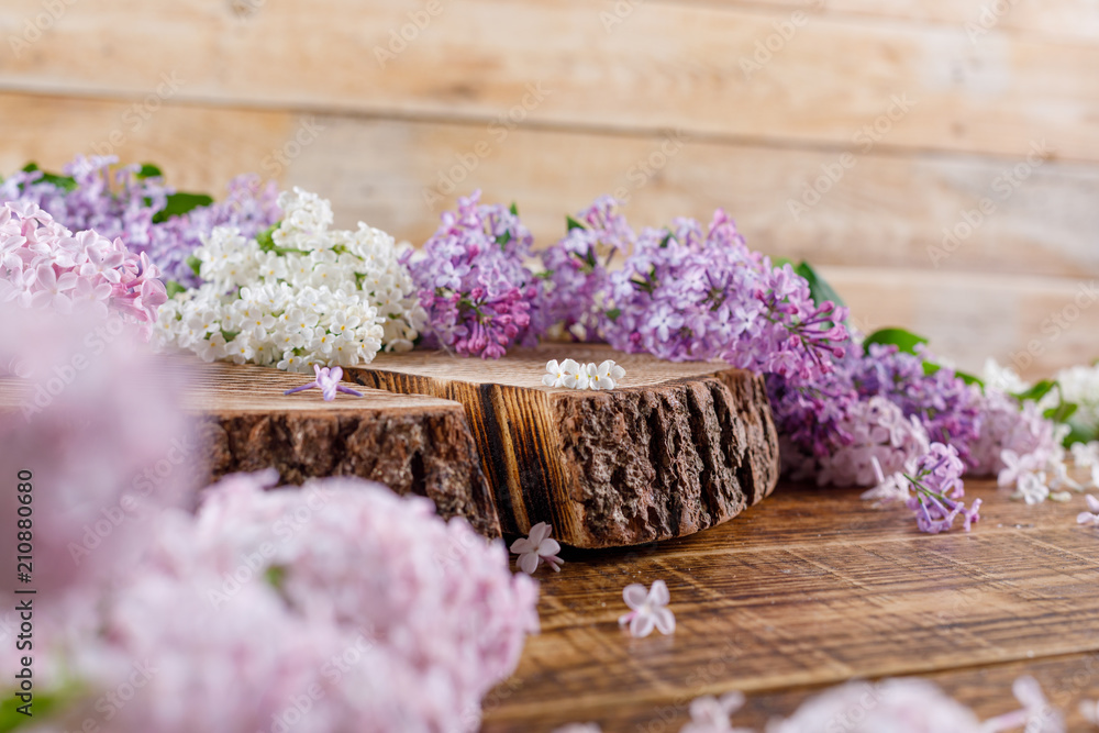 A scattering of magnificent gentle flowers of lilac on a wooden cut. A scattering of magnificent gentle flowers of lilac on a wooden cut.