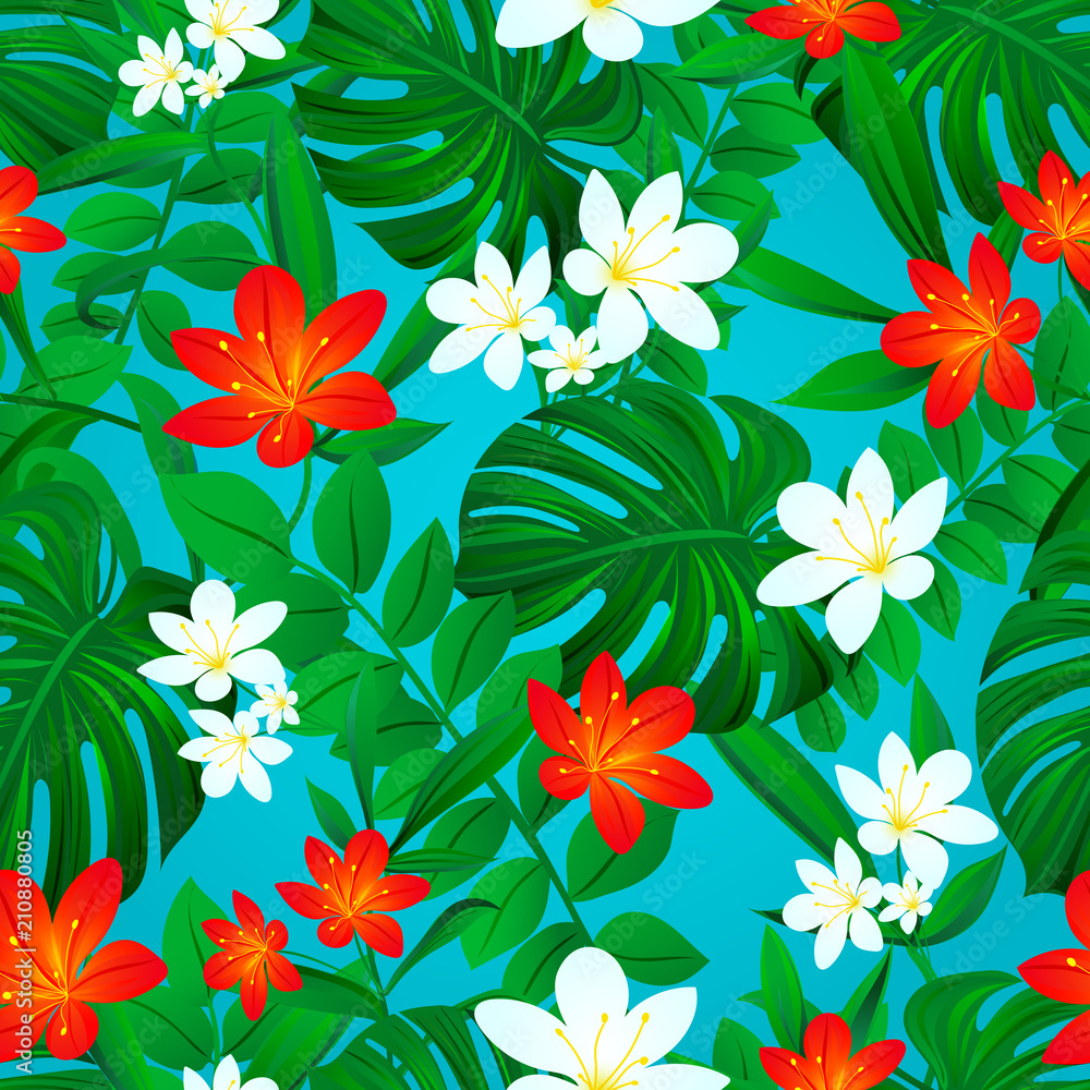 Tropical background. Summer seamless pattern. Exotic leaves, flowers  repeated texture. Vector design. colorful floral wallpaper with jungle  plants. Bright colors. Green, red, white, blue. Stock Vector | Adobe Stock