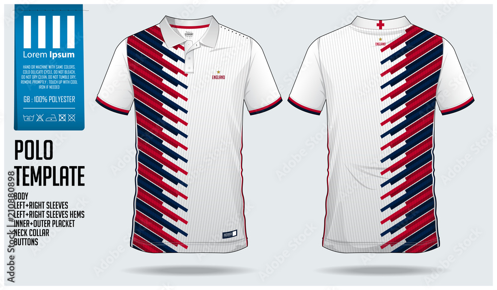 England Team Polo t-shirt sport template design for soccer jersey, football  kit or sportwear. Classic collar sport uniform in front view and back view.  T-shirt mock up for sport club. Vector. Stock