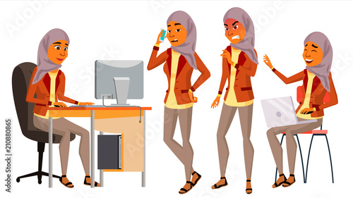 Arab Woman Office Worker Vector. Woman. Hijab. Saudi, Emirates, Qatar, Uae. Smiling Servant, Officer. Business Person. Scene Generator. Face Emotions, Various Gestures. Flat Cartoon Illustration