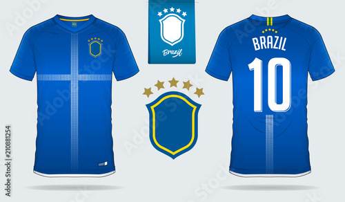 Soccer jersey or football kit template design for Brazil national football team. Front and back view soccer uniform. Football t shirt mock up. Vector Illustration