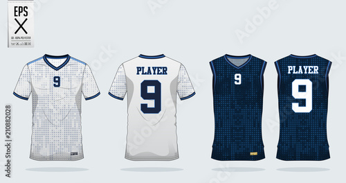 Blue square pattern t-shirt sport design template for soccer jersey, football kit and tank top for basketball jersey. Sport uniform in front and back view. Tshirt mock up for sport club. Vector. photo
