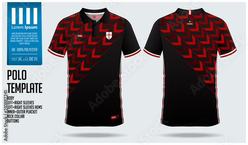 Red Arrow Polo t-shirt sport template design for soccer jersey, football kit or sportwear. Sport uniform in front view and back view. T-shirt mock up for sport club. Vector Illustration.