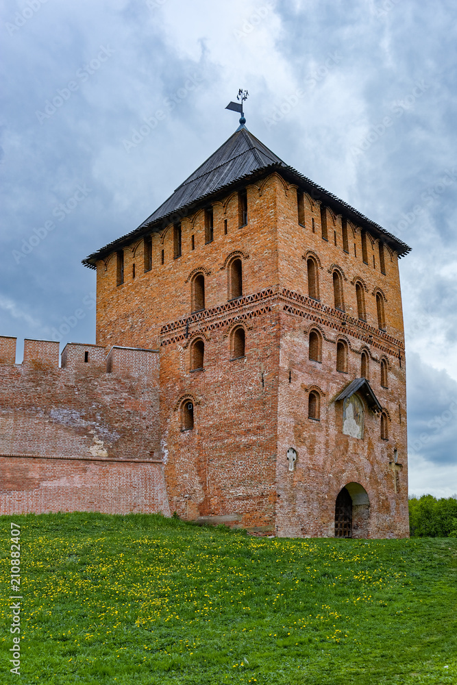 Vladimir tower of the Kremlin fortress in Veliky Novgorod, Russia.