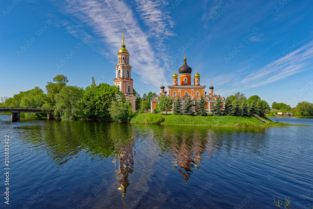 Holy Resurrection Cathedral with reflection at river Porcie. Staraya Russa, Russia.