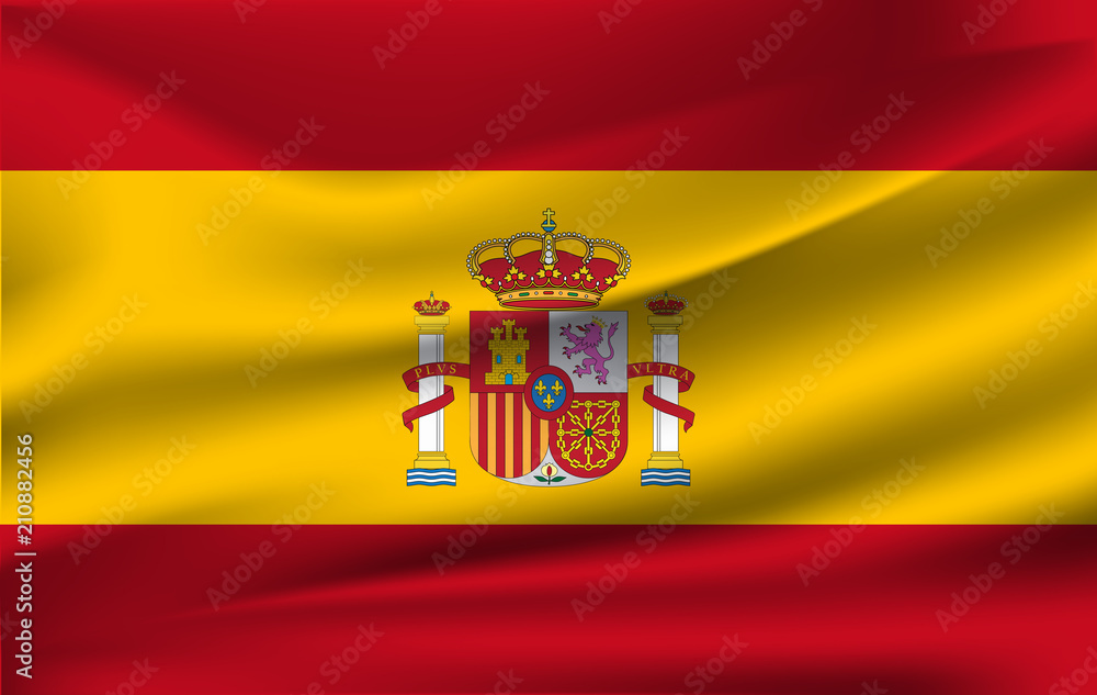 Flag of Spain. Realistic waving flag of Kingdom of Spain. Fabric textured flowing flag of Spain. Flag of Spain. Realistic waving flag of Kingdom of Spain. Fabric textured flowing flag of Spain.