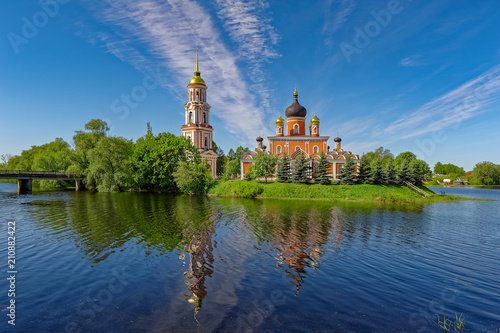 Holy Resurrection Cathedral with reflection at river Porcie. Staraya Russa, Russia.
