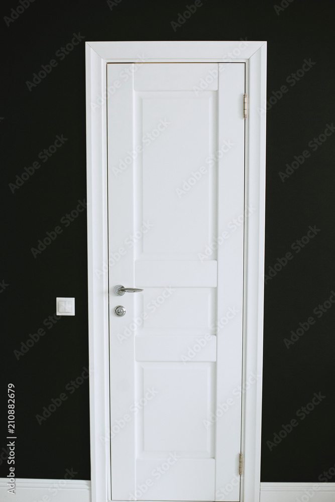 White beautiful door with platbands on a black background White beautiful door with platbands on a black background