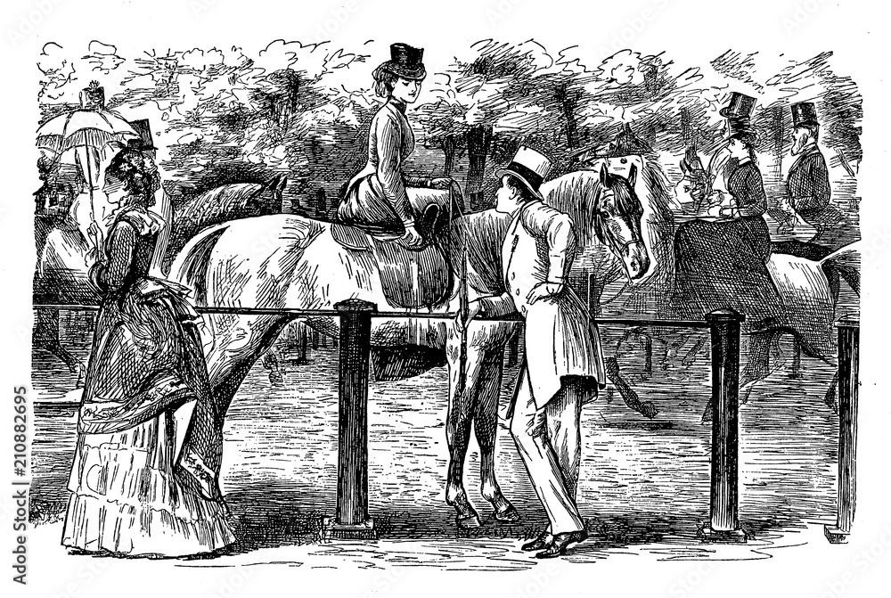 Dating at the race, cartoon depicting a gentleman flirting with a young lady horseback  by George du Maurier (1834-1896) a Franco-British cartoonist for Punch, 1873 - obrazy, fototapety, plakaty 