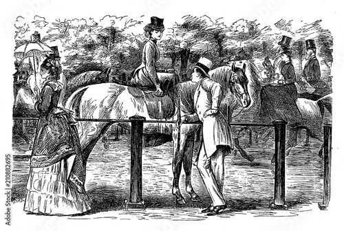 Dating at the race, cartoon depicting a gentleman flirting with a young lady horseback by George du Maurier (1834-1896) a Franco-British cartoonist for Punch, 1873