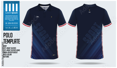 Blue Polo t-shirt sport template design for soccer jersey, football kit or sportwear. Sport uniform in front view and back view. T-shirt mock up for sport club. Vector Illustration.