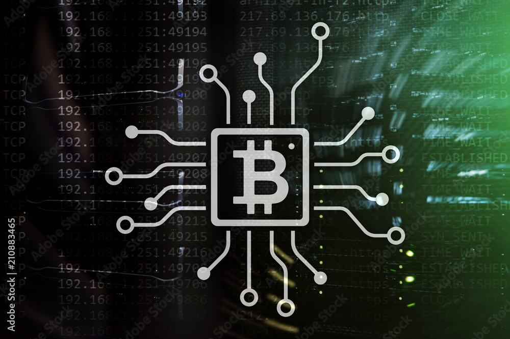 Obraz premium Bitcoin, Blockchain concept on server room background.