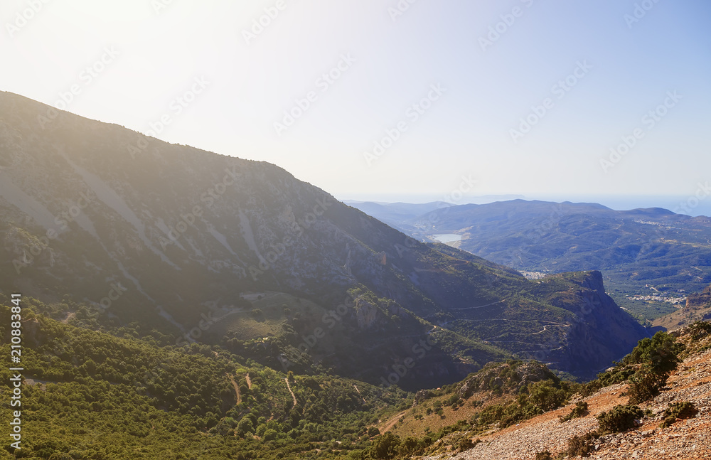 Obraz premium Greece. Crete. Pass Seli-Ambelu. Panorama towards Lassithi Plateau
