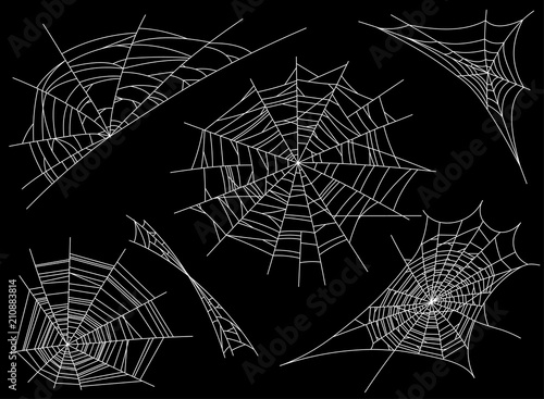 Collection of Cobweb, isolated on black, transparent background. Spiderweb for design. Spider web elements,spooky, scary, horror decor. Hand drawn silhouette, vector illustration