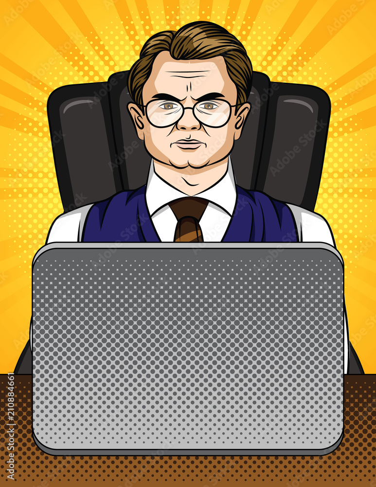 Vektorová grafika „Vector comic pop art style illustration of a businessman  sitting at the computer in office. Boss is working in his cabinet“ ze  služby Stock | Adobe Stock