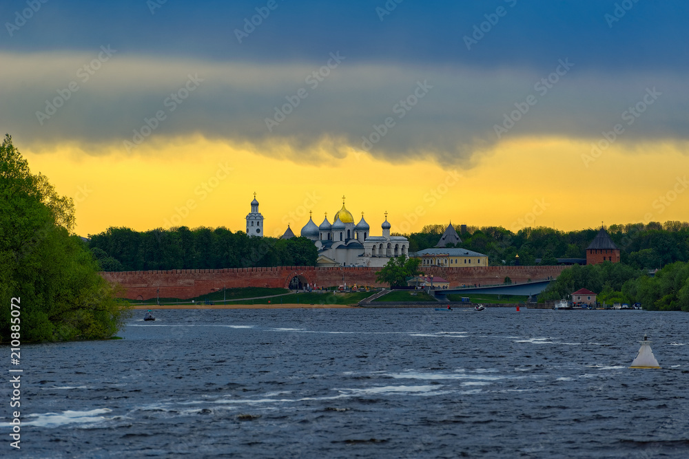 Sunset panorama of River Volkhov and Kremlin, Veliky Novgorod, Russia.