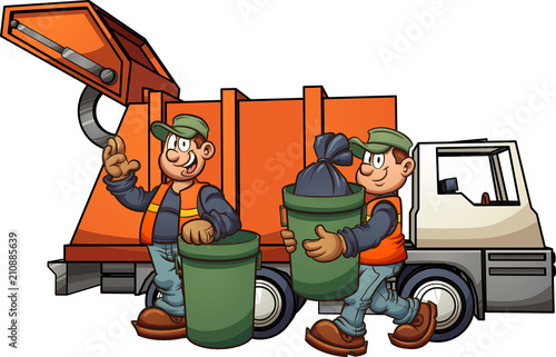 Cartoon garbage men with truck, picking up trash. Vector clip art illustration with simple gradients. Some elements on separate layers. 