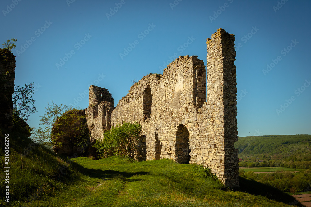 Castle ruins on the hill in Chornokozinsky. Podilia region, Ukraine.