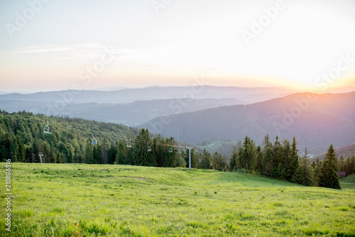 Landscape view on the beautiful Carpathian mountains on the High Top near the Slavske village during the sunset in Ukraine