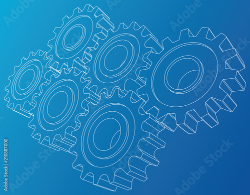 Gear wheel. Vector rendering of 3d. Wire-frame style. 3D view layers of visible and invisible lines are separated.