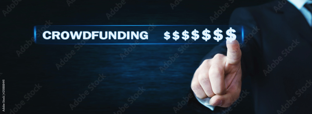 Businessman pressing dollar signs. Crowdfunding concept Businessman pressing dollar signs. Crowdfunding concept
