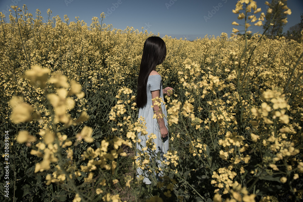 Girl standing in field of yellow flowers Stock Photo | Adobe Stock