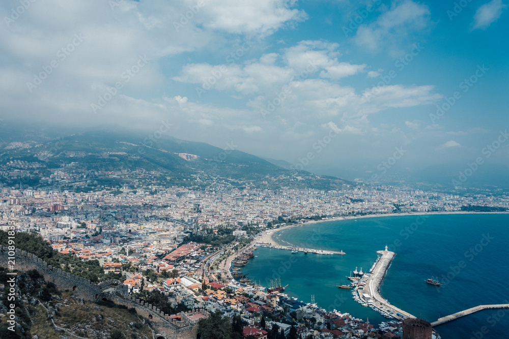 Alanya, Turkey. Wonderful country. At home from a height. Roofs of buildings. Antique Castle. View of the city.