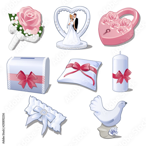 Set wedding accessories isolated on white background. The brides bouquet, figurine newlyweds for car decoration, pink padlock, box, pillow, candle, garter and figure of a dove. Vector illustration.