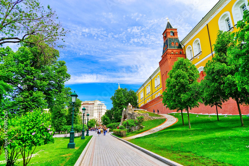 View of the Kremlin and Alexander Garden in Moscow in summer.